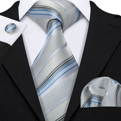 Barry Wang Jacquard Striped Silk Men's Tie Pocket Square Cufflinks Set