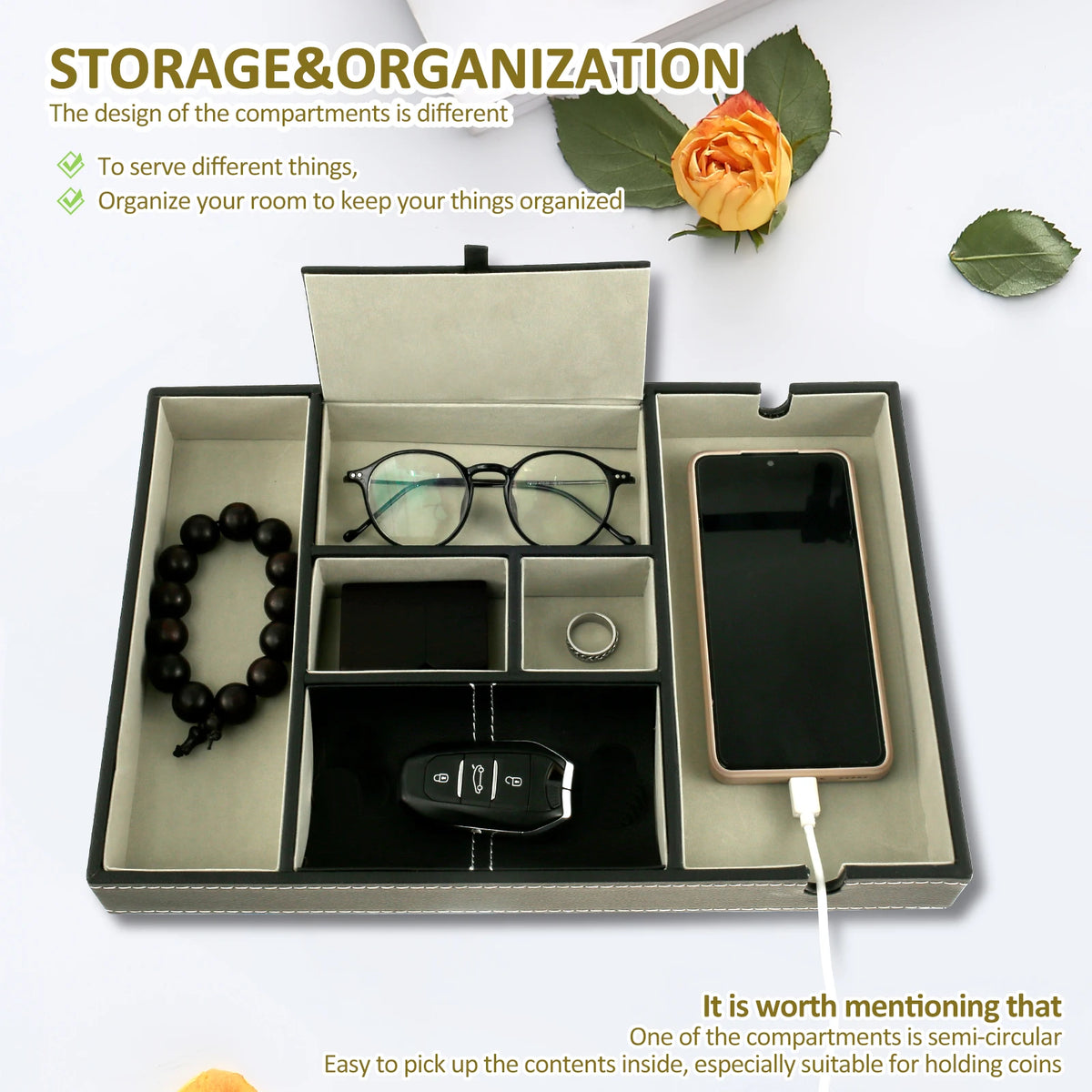PU Desktop Organizer Valet Tray with Compartments