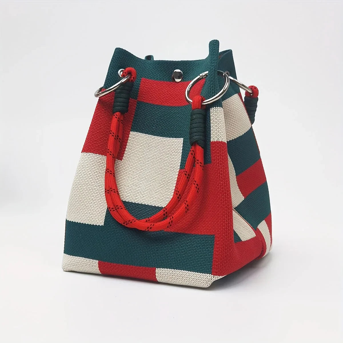 Color Block Knitted Cotton Bucket Tote Bag