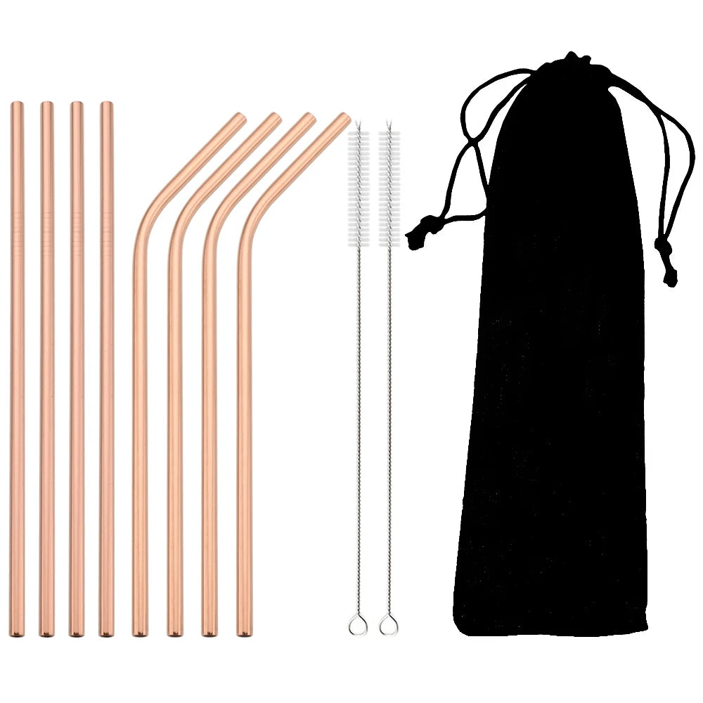 Reusable 304 Stainless Steel Metal Drinking Straws Set with Cleaning Brush