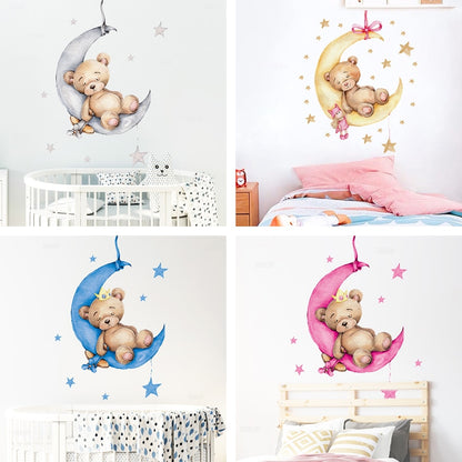 Cartoon Teddy Bear Sleeping on the Moon and Stars Wall Stickers