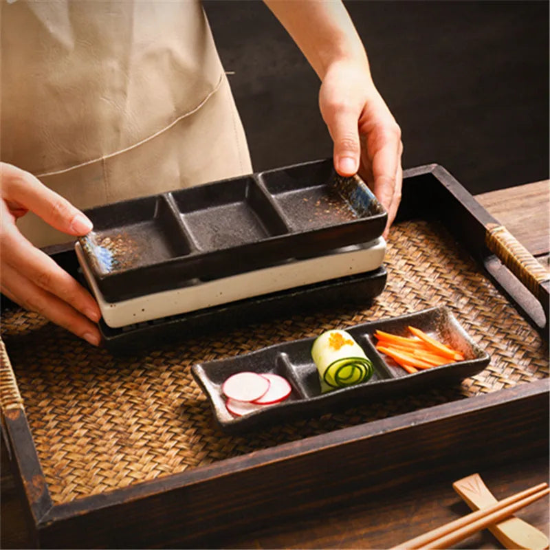 Japanese 3-Compartment Ceramic Sauce & Sushi Dish