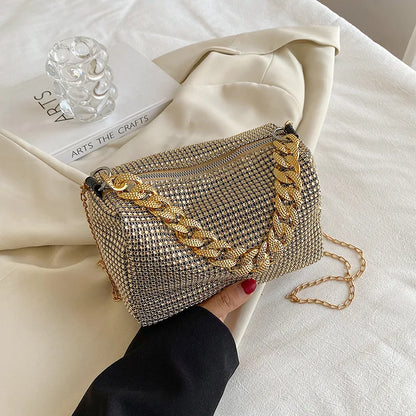 Rhinestone Bucket Bag – Glitter Chain Mini Crossbody Purse