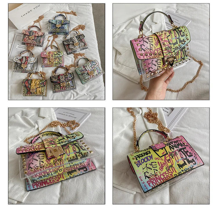 Studded Graffiti Crossbody Satchel Bag