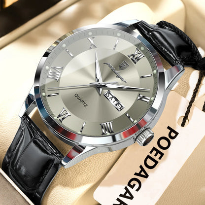 Men's Leather Quartz Watch with Date & Week Display
