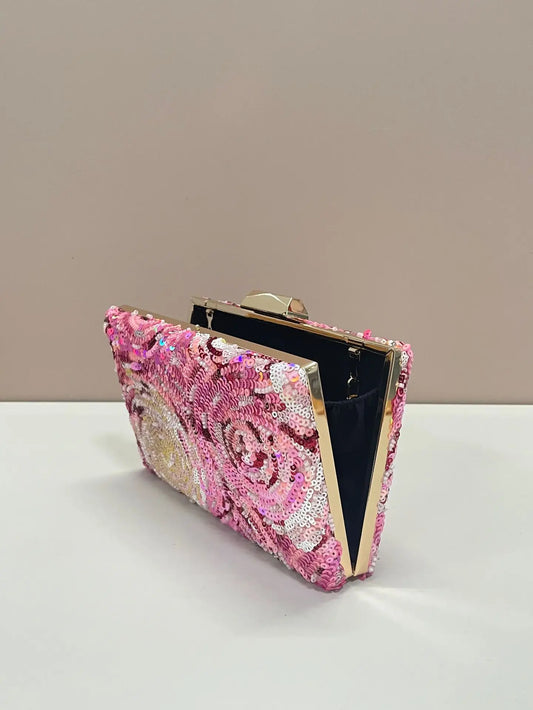 Pink Floral Sequin Evening Clutch