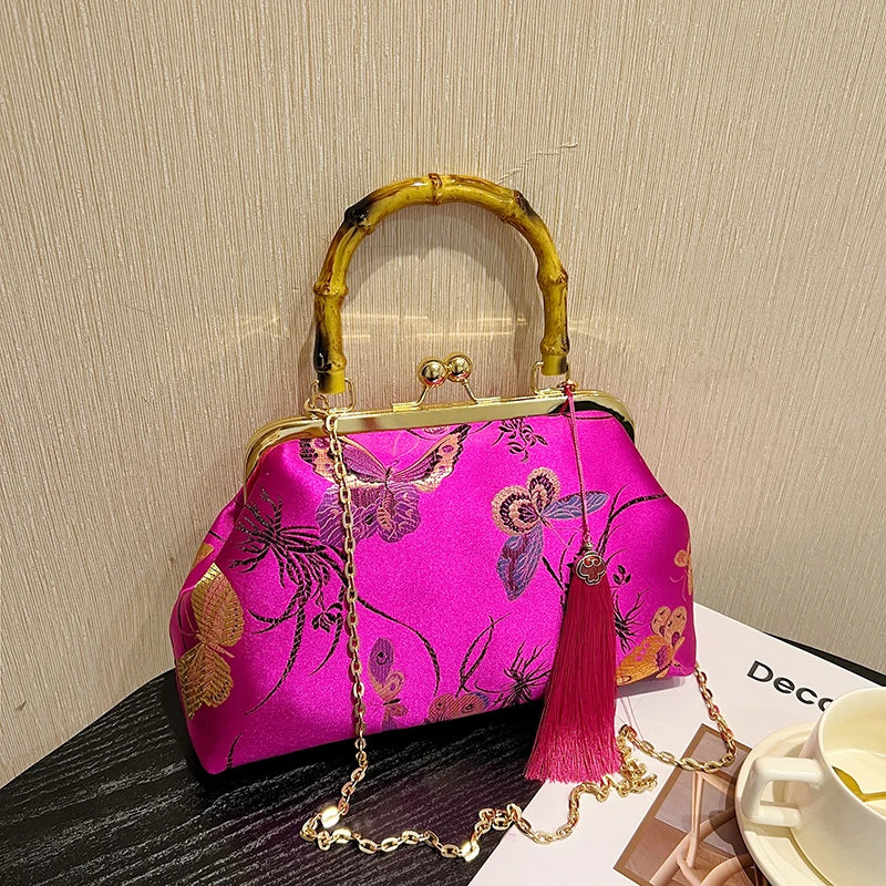 Luxury Embroidered Evening Handbag with Bamboo Handle