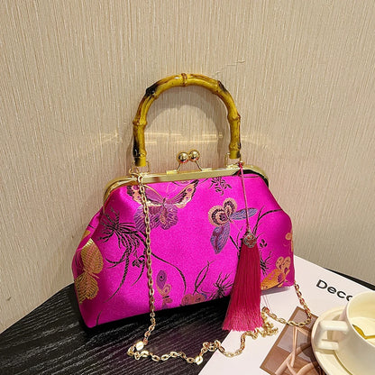 Luxury Embroidered Evening Handbag with Bamboo Handle