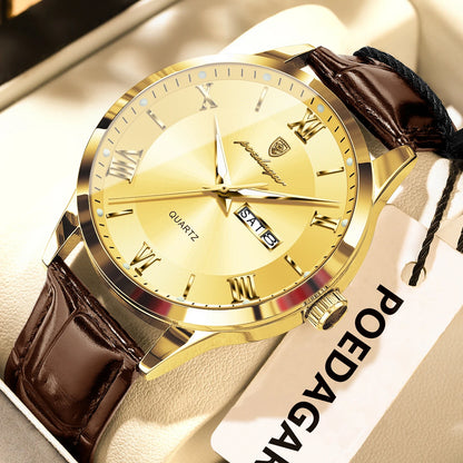 Men's Leather Quartz Watch with Date & Week Display