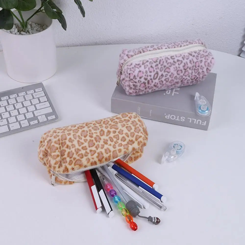 Plush Leopard Print Large Capacity Pencil Case