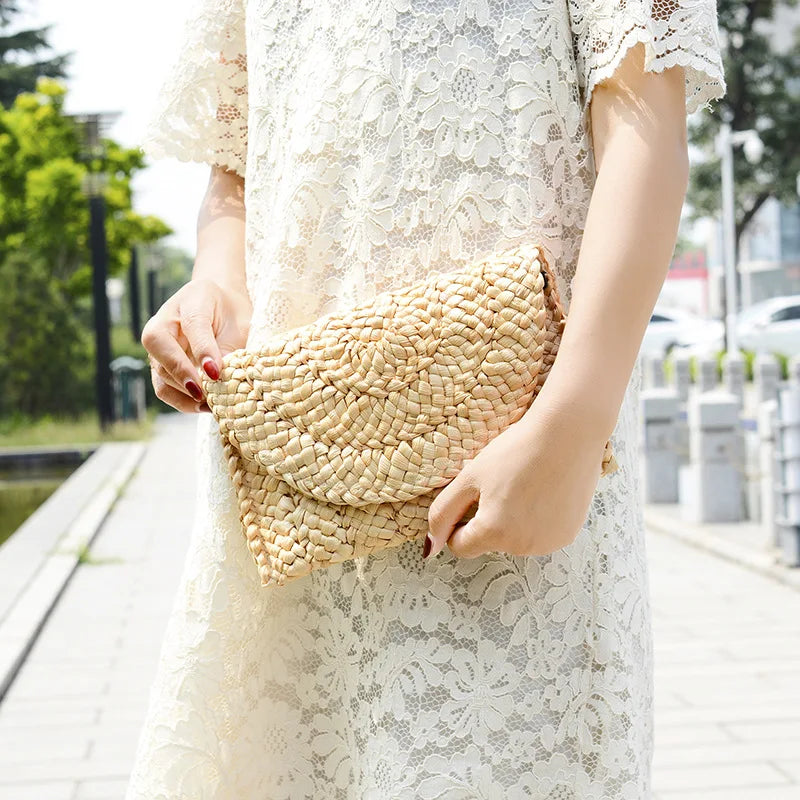 Women’s Handwoven Straw Envelope Clutch Bag