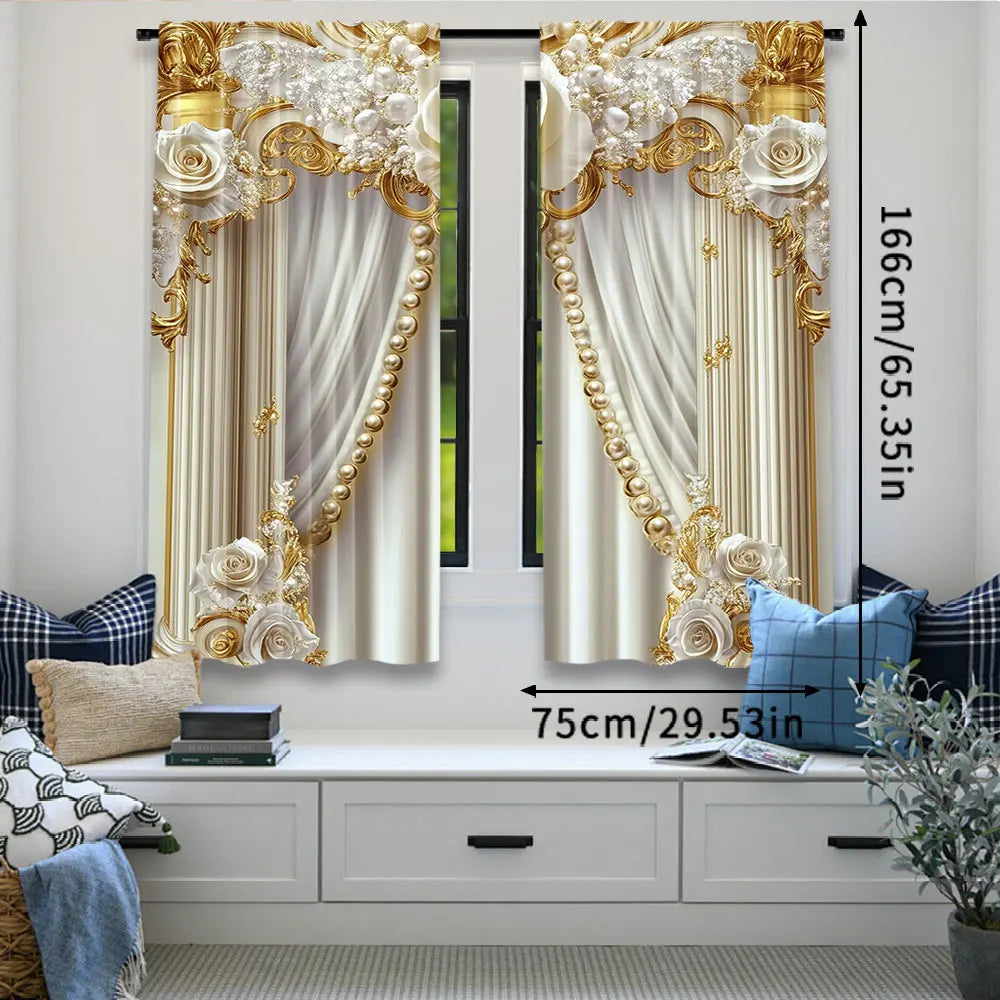 Gold & White Floral Curtains Set