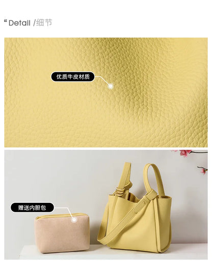 Genuine Leather Yellow Bucket Tote Bag for Women