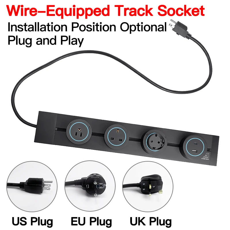 Wall Power Track Socket – USB Type-C Charging & Multi-Plug Outlet
