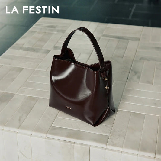 LA FESTIN Split Leather Bucket Tote Bag