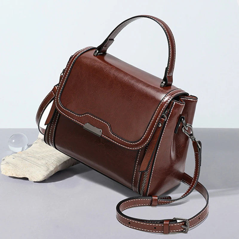 Genuine Cow Leather Top Handle Crossbody Bag