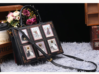 Vintage Cat Print Leather Tote Bag