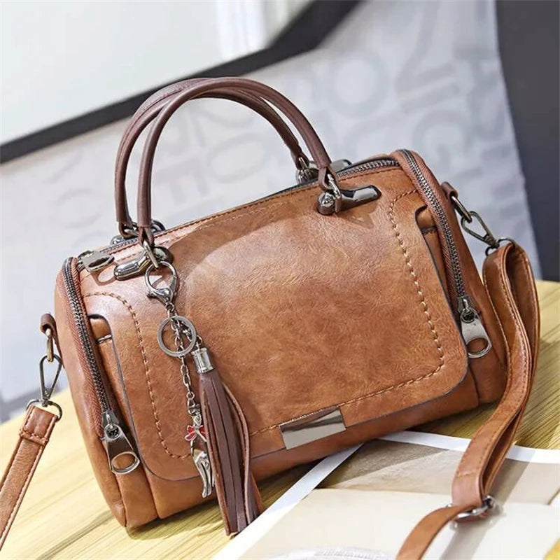 Vintage PU Leather Boston Handbag