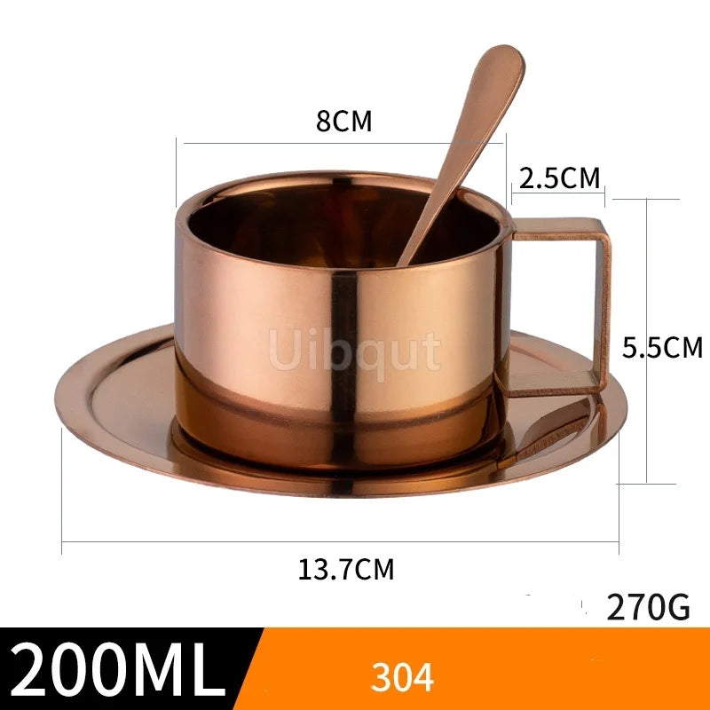 Double Wall Stainless Steel Coffee Cup Set with Spoon & Saucer