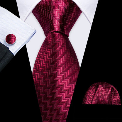 Barry Wang Jacquard Striped Silk Men's Tie Pocket Square Cufflinks Set