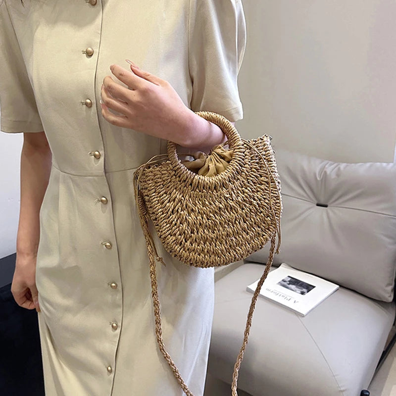 Handwoven Straw Rattan Crossbody Beach Bag