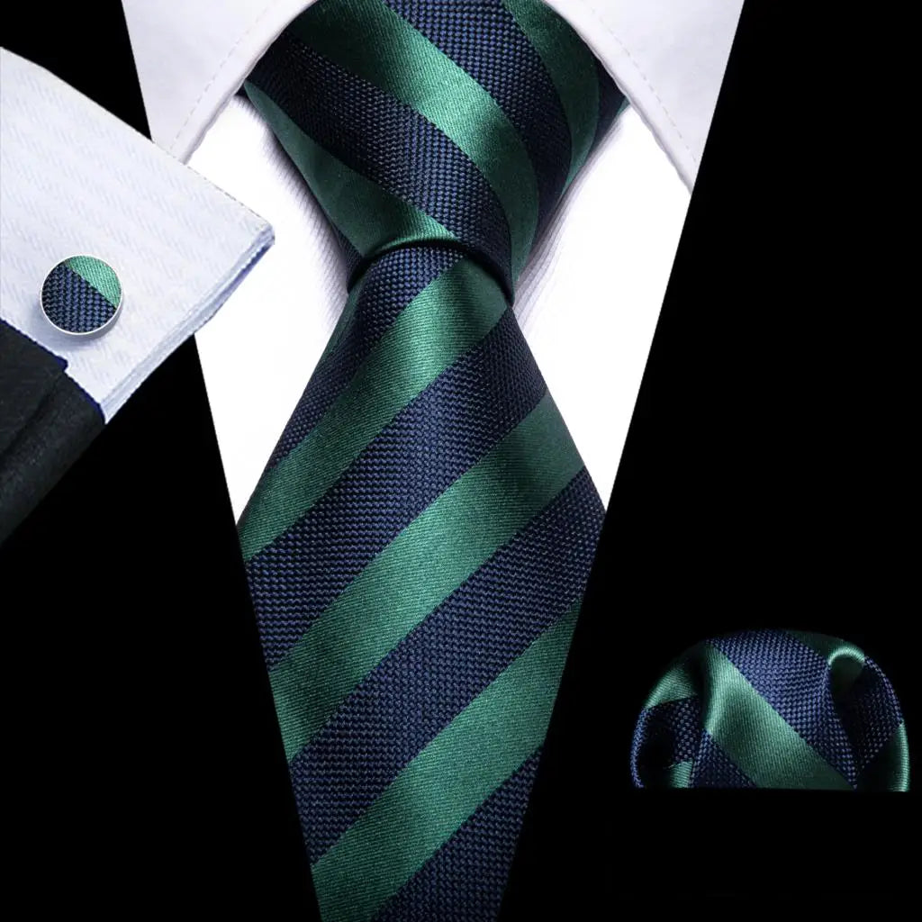 Barry Wang Jacquard Striped Silk Men's Tie Pocket Square Cufflinks Set