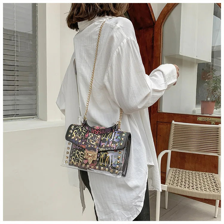 Studded Graffiti Crossbody Satchel Bag