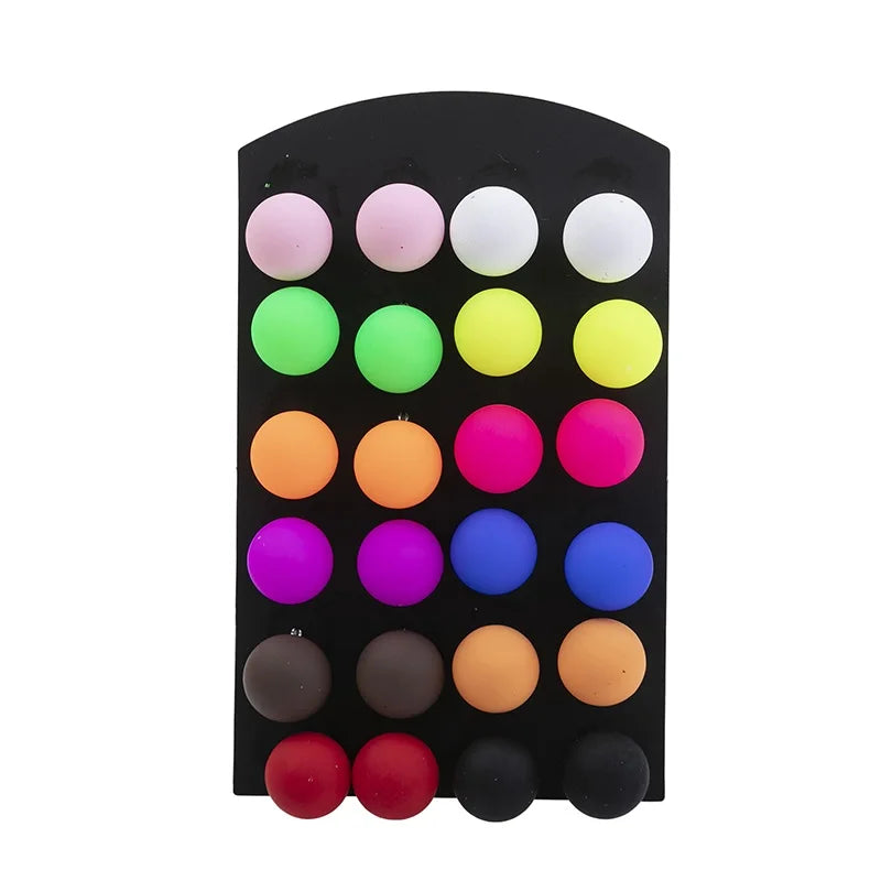 12Pairs 12mm Cute Colorful Acrylic Round Beads Stud Earrings