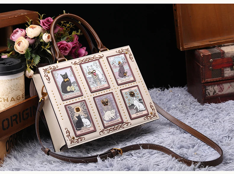 Vintage Cat Print Leather Tote Bag