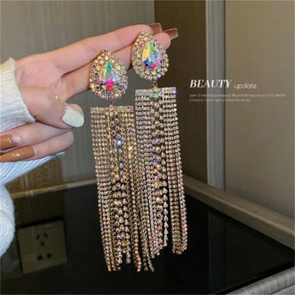 Water Drop Crystal Long Tassel Earrings