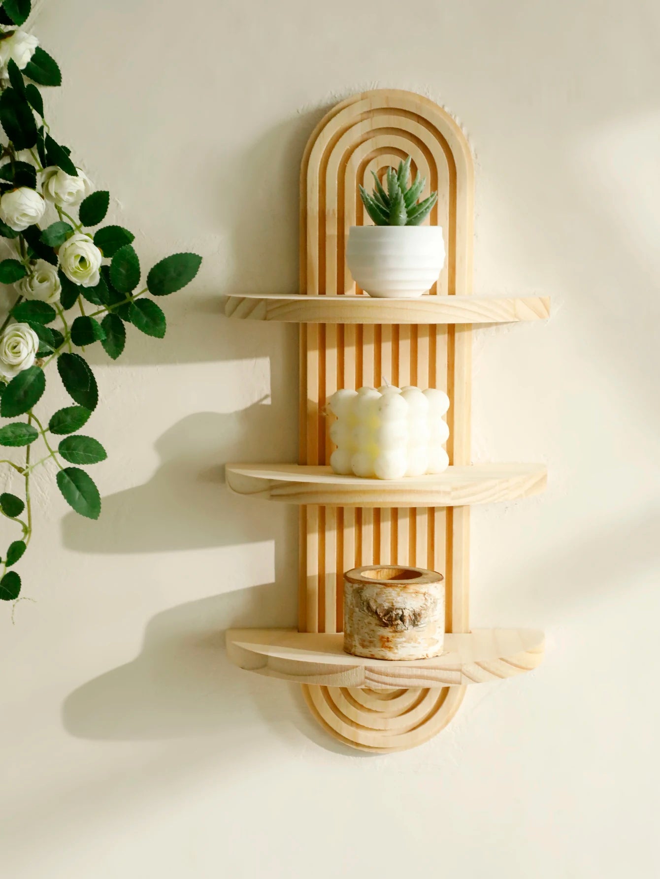 Geometric Natural Wood Wall Mounted Display Shelf
