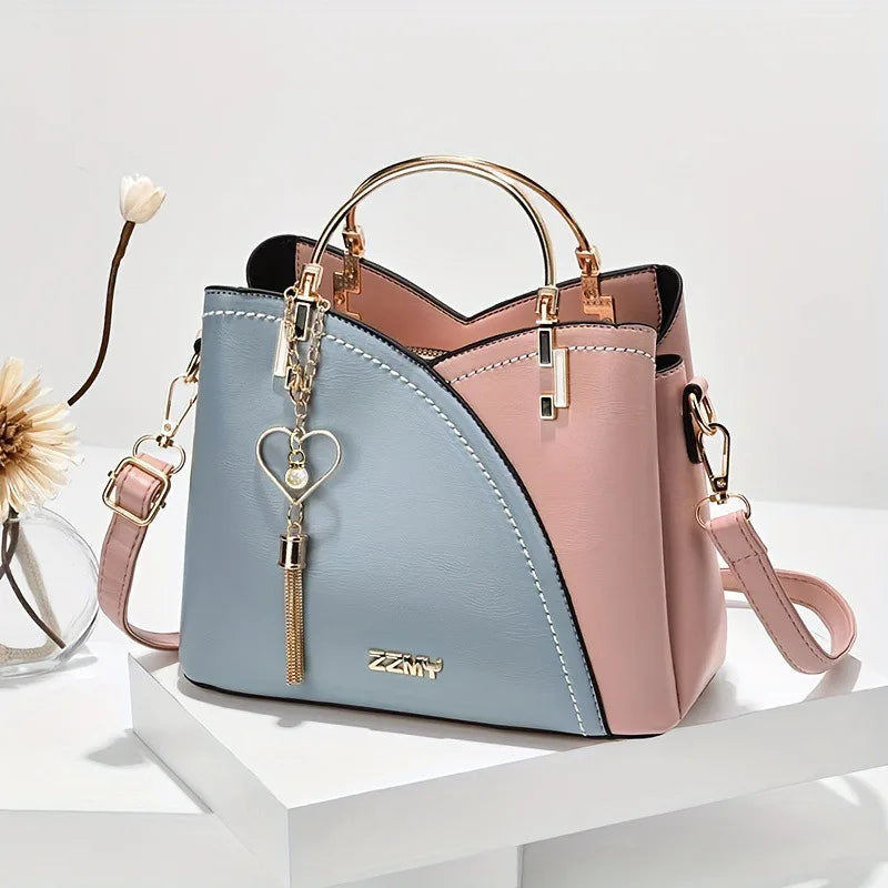 Women's Color Block PU Large Tote Shoulder Bag
