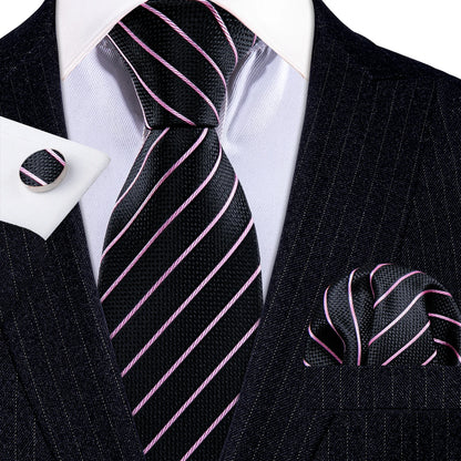 Barry Wang Jacquard Striped Silk Men's Tie Pocket Square Cufflinks Set