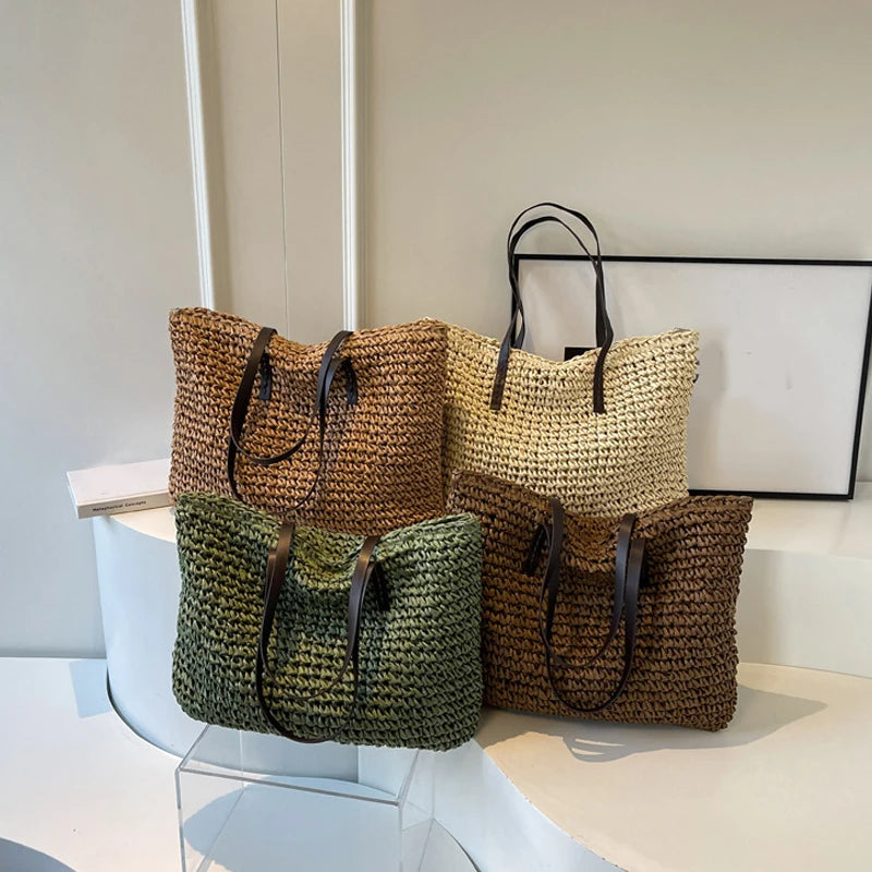 Large Woven Straw Beach Tote Bag