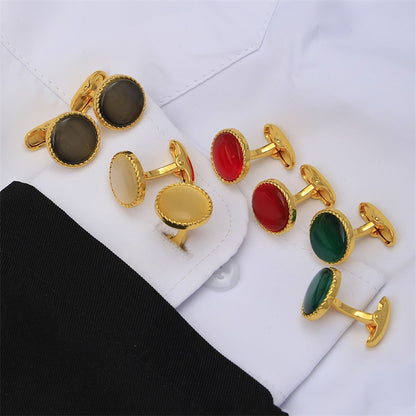 Round Gold-Tone Cufflinks with Coloured Stone