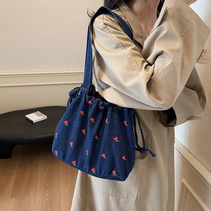 Embroidered Denim Drawstring Shoulder Tote Bag