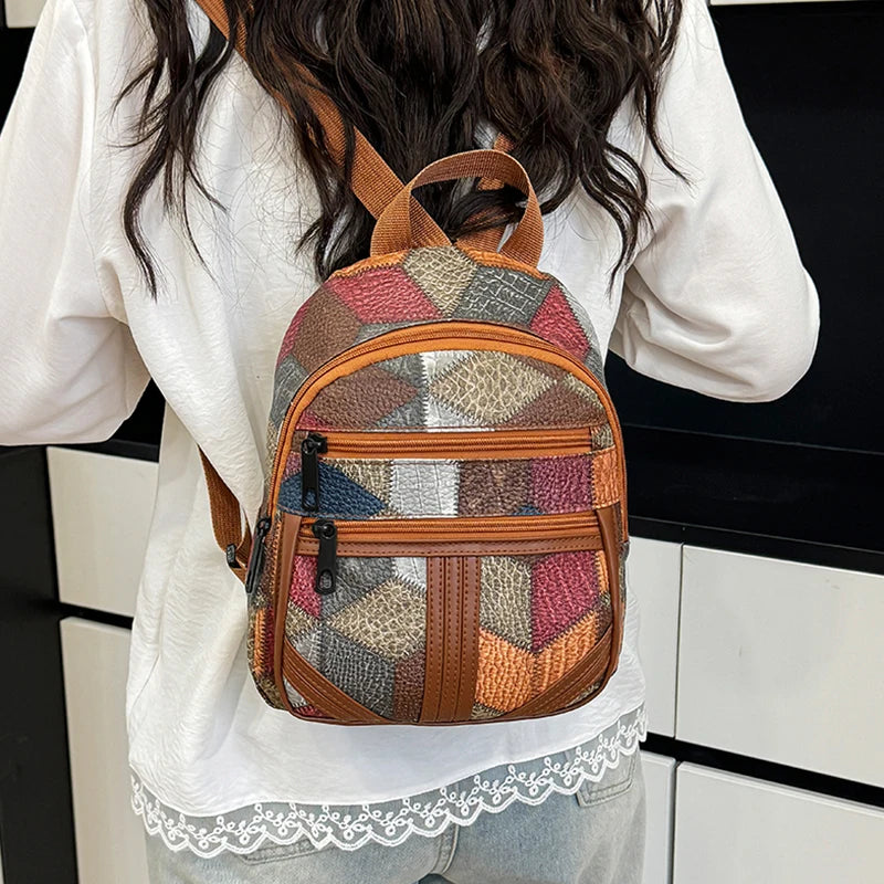 Vintage Patchwork PU Leather Casual Backpack