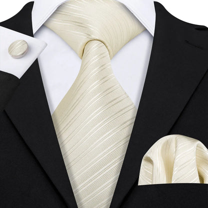 Barry Wang Jacquard Striped Silk Men's Tie Pocket Square Cufflinks Set