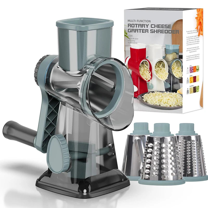 3-in-1 Rotary Cheese Grater & Vegetable Slicer with Stainless Steel Blades