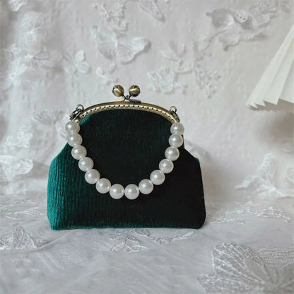 Vintage Green Velvet Pearl Clutch Bag