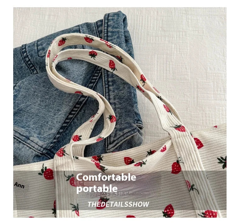 Corduroy Strawberry Print Tote Bag
