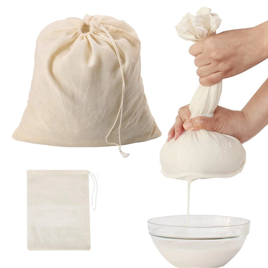 Reusable Drawstring Cotton Filter Bags for Nut Milk, Yogurt, Tea & Coffee