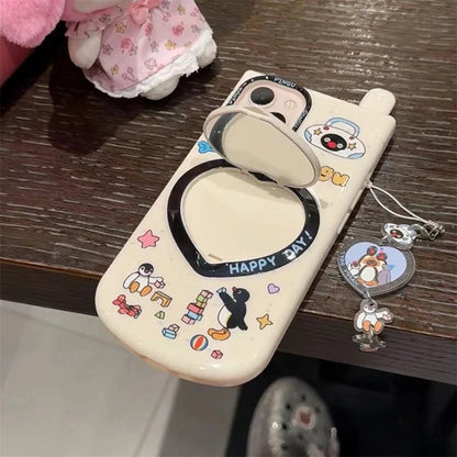 Cute Cartoon Penguin Pendant 3D Heart Mirror Phone Case for iPhone 15 14 13 12 Pro Max