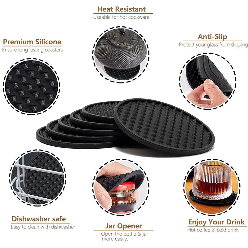 Set of 6 Silicone Drink Coasters with Holder