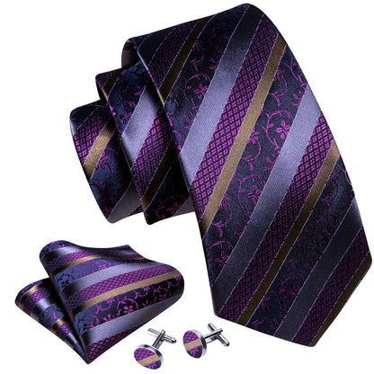 Barry Wang Jacquard Striped Silk Men's Tie Pocket Square Cufflinks Set