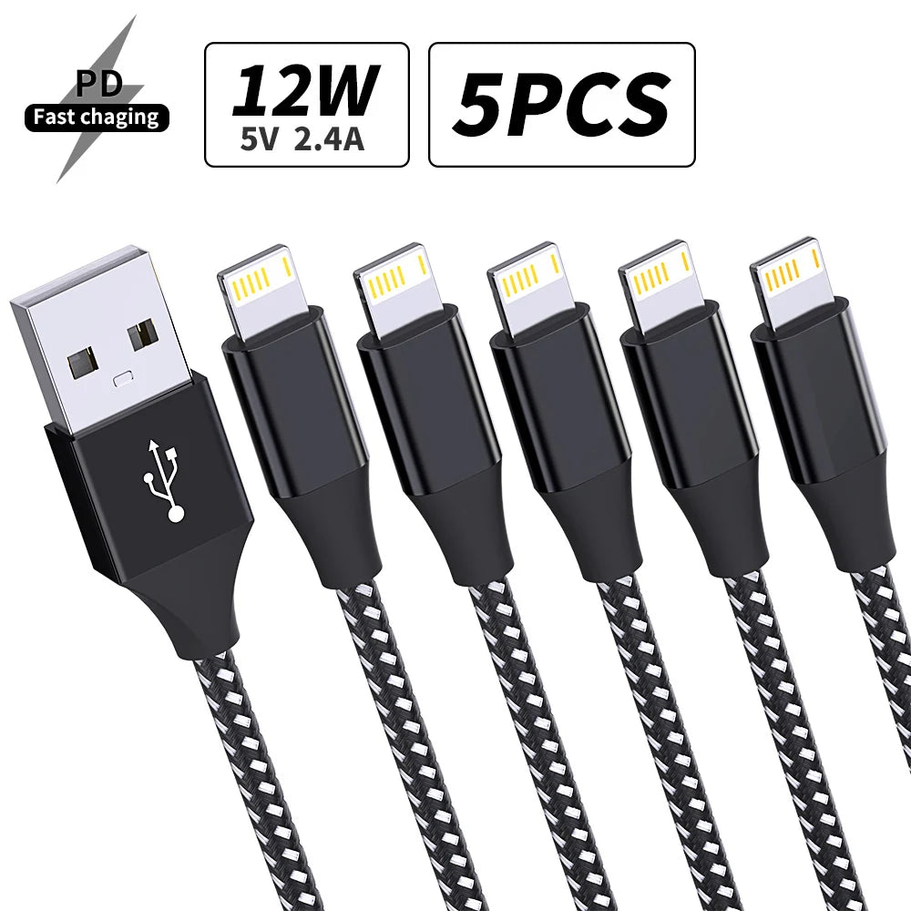 5-Pack Braided USB to Lightning Charging Cables