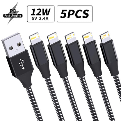 5-Pack Braided USB to Lightning Charging Cables
