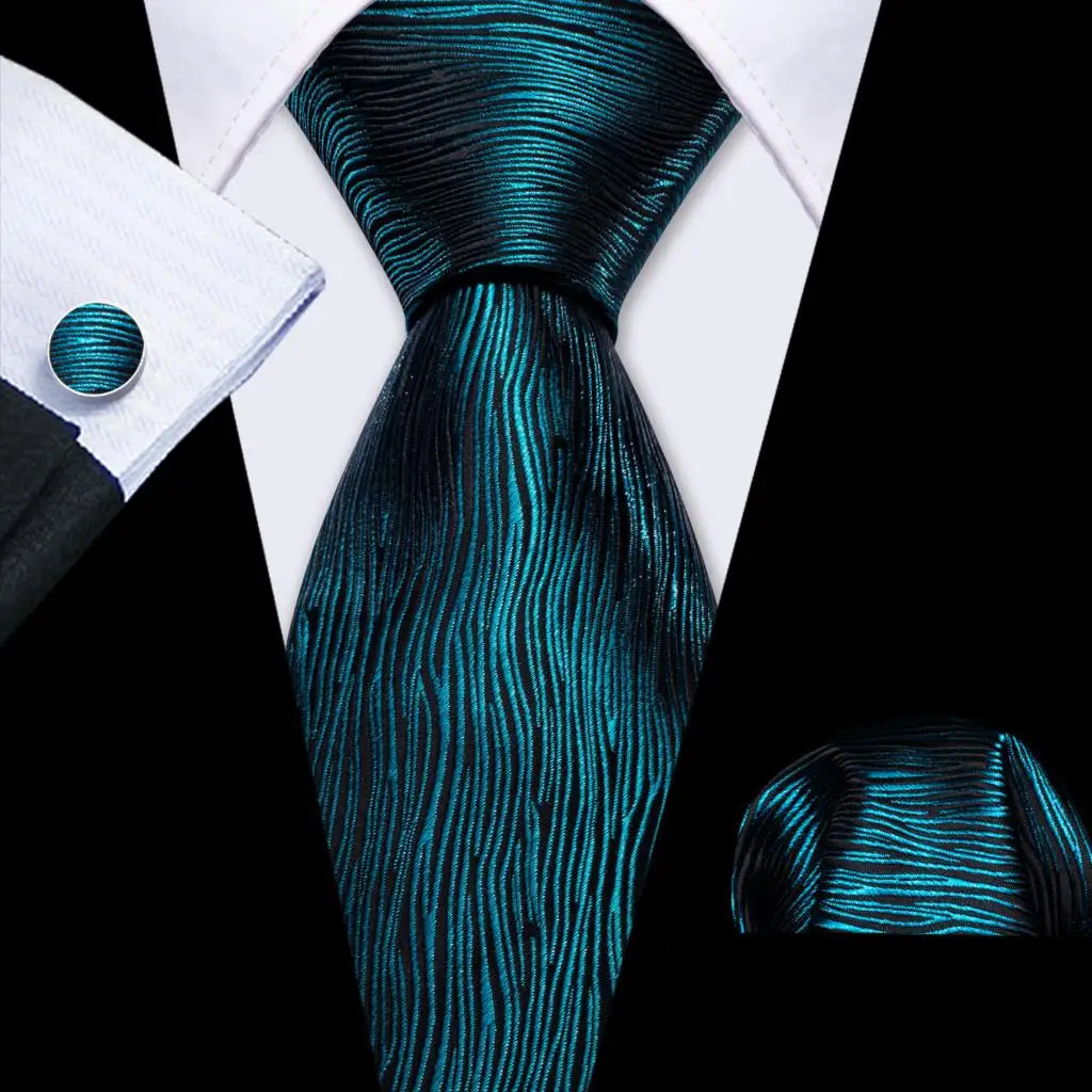 Barry Wang Jacquard Striped Silk Men's Tie Pocket Square Cufflinks Set