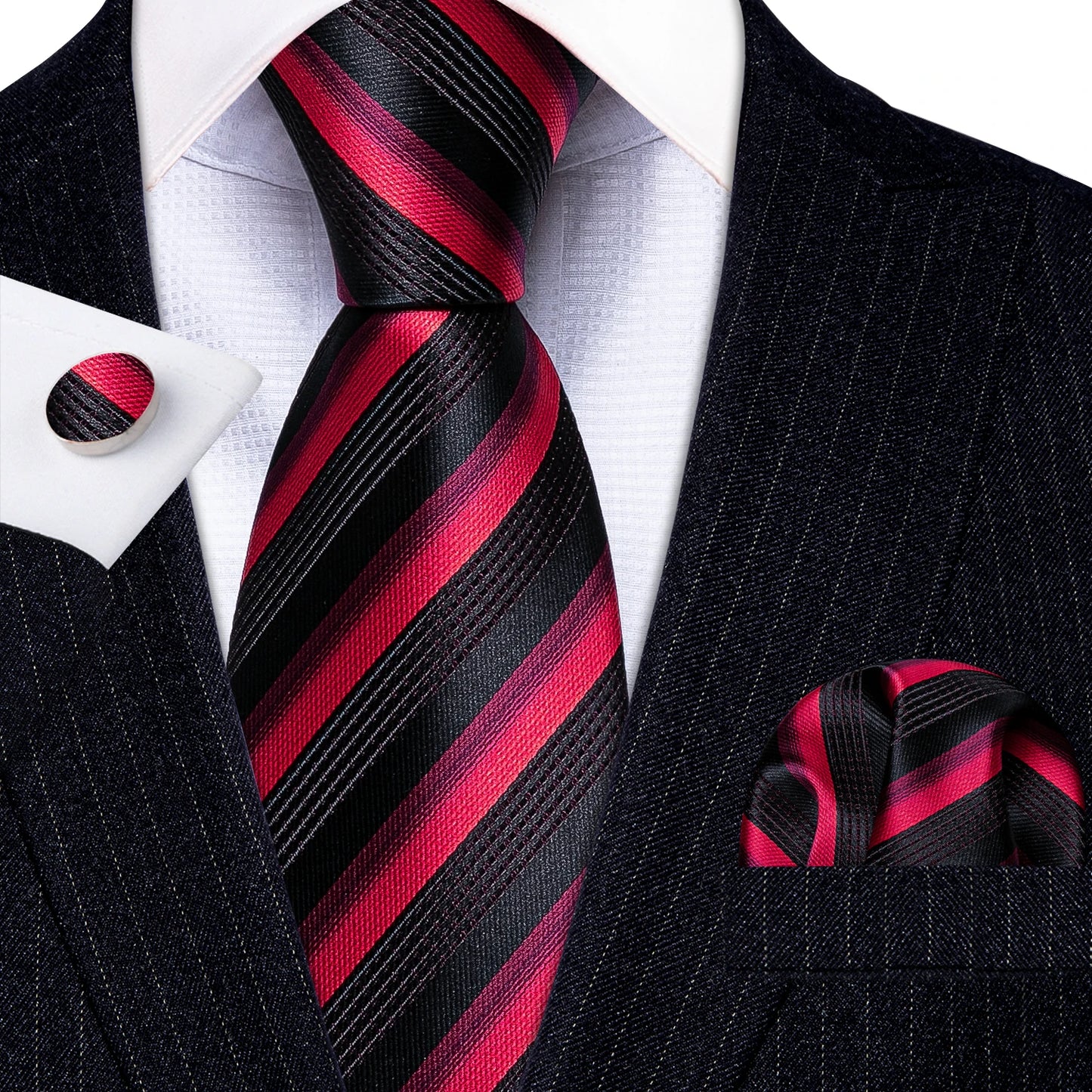 Barry Wang Jacquard Striped Silk Men's Tie Pocket Square Cufflinks Set