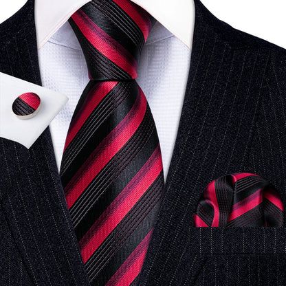Barry Wang Jacquard Striped Silk Men's Tie Pocket Square Cufflinks Set